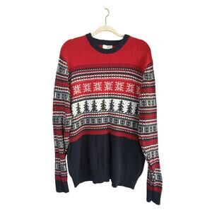 Aspen Sweater Mens Large Red Fair Isle Cotton Nordic Christmas Crew Neck